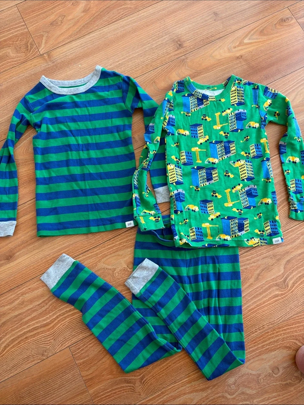GAP Green & Blue Striped and Construction-Print Kids Pajama Set